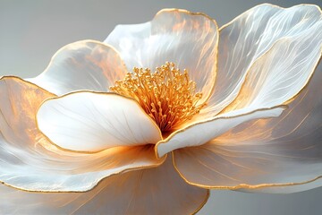 Close-up of a delicate white flower with golden accents, showcasing intricate details and a soft, ethereal beauty.