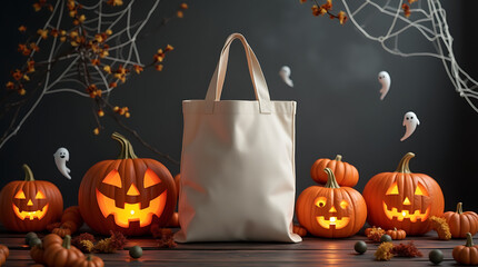 Blank Canvas Bag Mockup Set Against a Spooky Halloween Background