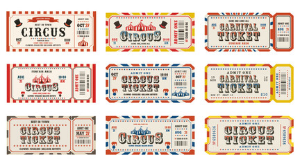 Vector set of retro circus and carnival ticket templates. Admit one. Vector illustration. © DisignUA