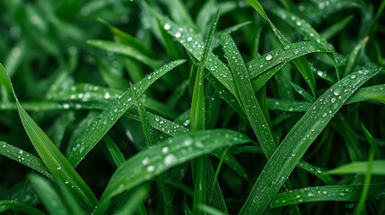 Close-Up Dew on Grass Blades in Natural Green Field with Water Droplets