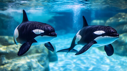 Obraz premium Two orcas swimming underwater in vibrant blue ocean, showcasing their grace and beauty