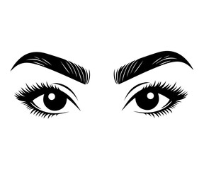 Eyelash extensions, eyebrow tattoo. Black and white illustration of women eyes and eyebrows. A woman face. Beautiful women eyes. Beauty industry. Beauty salon.