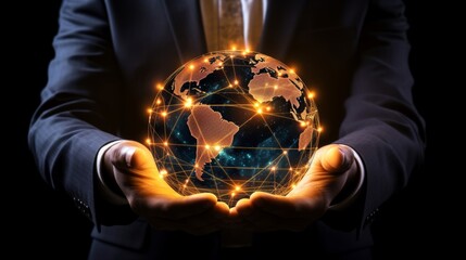 Businessman presenting a digital globe with global networks and technology icons on dark background