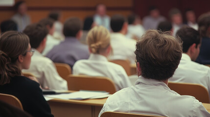Engaged medical students in classroom setting, focused on their instructor, showcasing collaborative learning environment. atmosphere is filled with anticipation and curiosity
