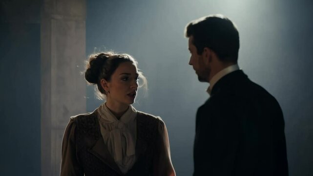 Cinematic camera pan of two actors in period costumes rehearsing an emotional scene in a theater, slow motion medium two-video