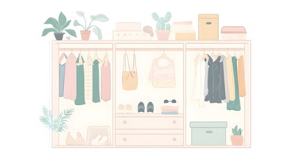 Obraz premium A pastel-colored illustration of an open wardrobe with , shoes, and accessories on shelves.