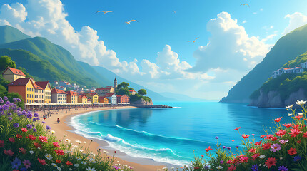 Panoramic View of a Charming Seaside Town, Showcasing Colorful Buildings Along the Shoreline, Sparkling Blue Waters, and Lush Green Hills in the Background