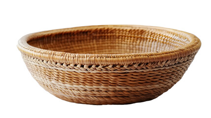 Vintage white background wicker basket with spiral weave thick round cane material and Southwestern Native American design