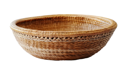 Vintage white background wicker basket with spiral weave thick round cane material and Southwestern Native American design