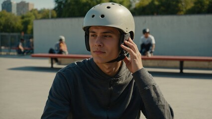 portrait of a young man in a helmet with a skateboard