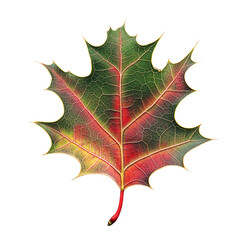 Fototapeta premium An autumn maple leaf, with its characteristic red and green hues isolated over transparent background, PNG, cutout