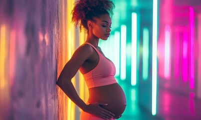 Pregnant woman in activewear standing against neon-lit wall, Generative AI
