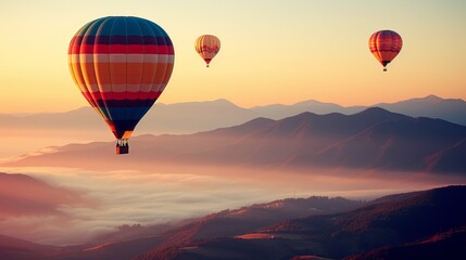 Obraz premium Two colorful hot air balloons gliding over misty mountains at sunrise s golden horizon