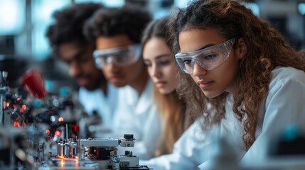 Diverse Team of Multiethnic Young Scientists Passing Internship in a Modern High Tech Laboratory. Students Working in Advanced Lab with Science Equipment. Microchip Design and Electronics