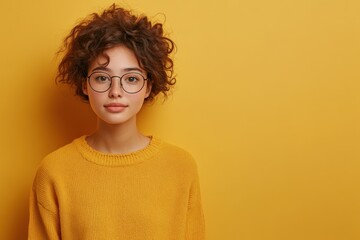 A young woman with curly hair and glasses poses against a yellow background.