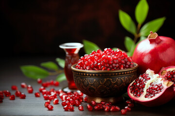 Ripe pomegranate fruits in bowl on wooden table