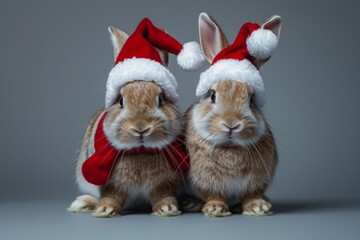 Two rabbits wearing red Santa hats against a plain background. Christmas and holiday theme concept. Design for greeting card, postcard, poster, wallpaper, banner. Generative AI