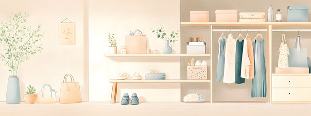 Fototapeta premium A pastel-colored illustration of an open wardrobe with , shoes, and accessories on shelves.