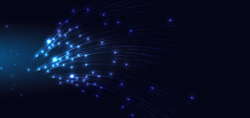 Obraz premium Abstract technology futuristic glowing blue light lines with speed motion blur effect on dark blue background.