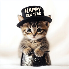 Cute little cat wearing a black hat with the inscription "HAPPY NEW YEAR", isolated on a white background