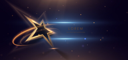 Star gold light on black background with lighting effect and sparkle.