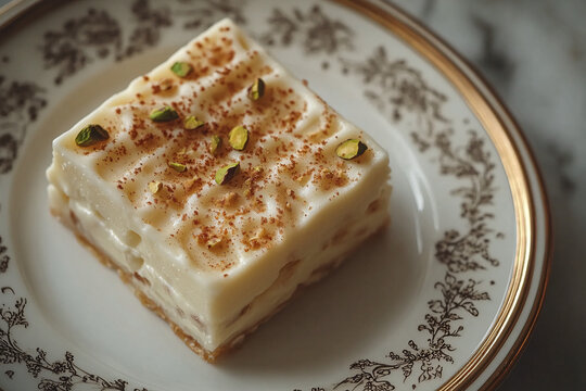 Dessert square on a decorative plate with inviting and indulgent atmosphere and a touch of elegance. Suitable for food and lifestyle content.