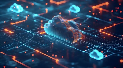 Digital illustration of cloud computing with multiple devices connected, symbolizing data sharing, online services, and the power of technology in a networked world.