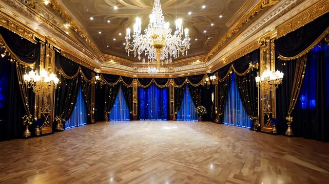 Camera slowly zooms out from a grand ballroom with chandeliers, windows, and a dance floor, lit with three-point lighting, perfect for a lavish event