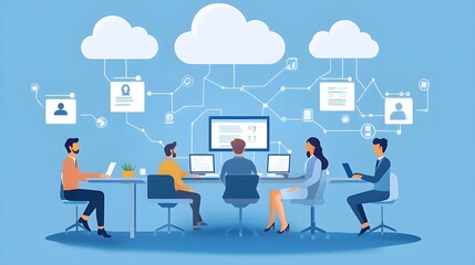 Illustration of people interacting with cloud computing elements in a digital environment, representing modern data management and network collaboration.