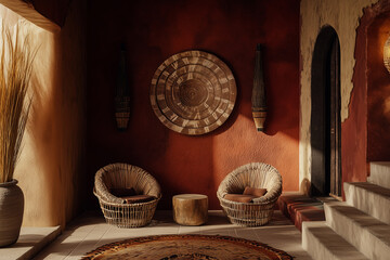 Traditional and culturally inspired seating space with wicker chairs and earthy tones, perfect for illustrating rustic, cultural interior design.