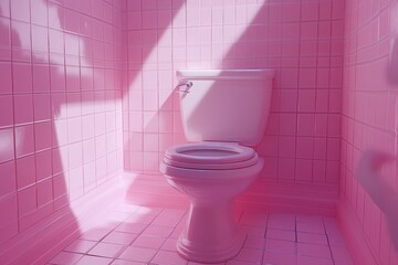 Pink toilet in a pink bathroom casting shadows in a sunbeam