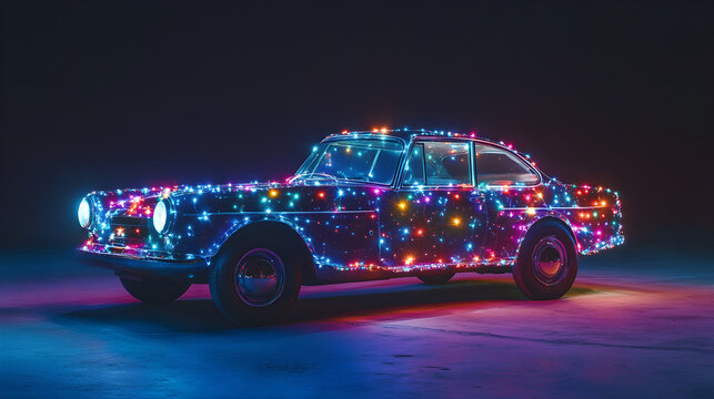 retro car adorned with colorful fairy lights creates magical night scene