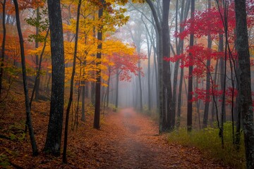 Obraz premium Autumn landscape of a forest with towering trees in shades of red, orange, and yellow. Fallen leaves cover the forest floor, and a narrow path winds through the trees.