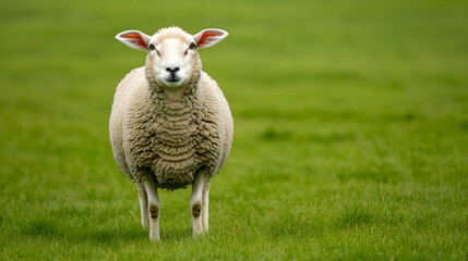 Obraz premium Fluffy sheep standing in green field, enjoying serene landscape