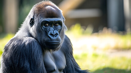 Fototapeta premium Intense gaze of silverback gorilla in natural setting, showcasing strength and majesty