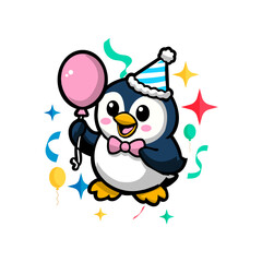 Party Penguin with Balloon and Confetti
