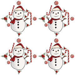 Snowman illustration for winter on transparent background. Wallpaper, background, fabric, wrapping