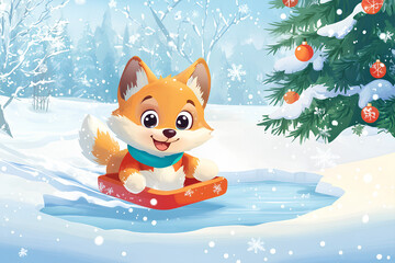 Cute baby animal sliding on frozen river illustration. have fun in winter. Little wolf having fun on the ice rink. Winter holiday background with festive Christmas tree