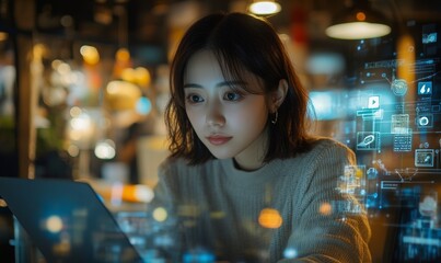 Beautiful Short Haired Project Manager Working on Computer in Office. Augmented Reality Social Media Icons Appear From Worker's Laptop. Internet of Things, Internet Connectivity and Online