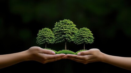 Two hands hold miniature trees, symbolizing nature, growth, and environmental stewardship against a dark background.