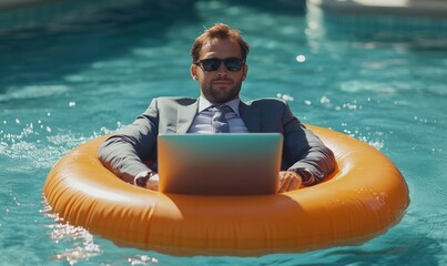 Man in a Business Suit Working on a Laptop in a Pool on an Orange Float, Generative AI