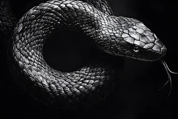Coiled venomous snake in black and white