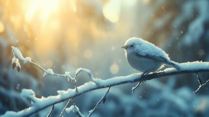 Fototapeta premium Snowy Bird on Branch.