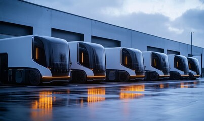 Fleet of futuristic trucks parked in a row outside a modern warehouse, Generative AI