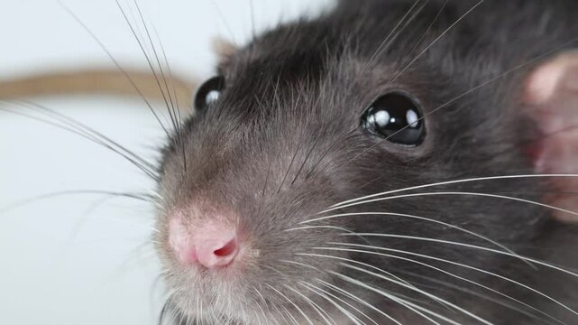 Gray rat isolated on white background. Pet head. Mouse with dumbo ears close up