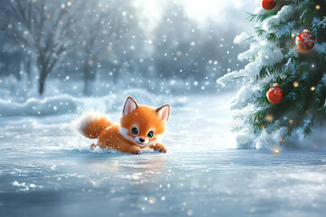 Cute baby animals slide down a frozen river. have fun in winter. Little fox having fun on the ice rink. Winter holiday background with festive Christmas tree