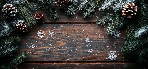 Rustic wooden background with snowy pine branches and pine cones, perfect for Christmas or winter holiday designs.
