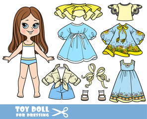 Cartoon girl with straight hair and long sleeve tunic, denim shorts, tutu, sandals, light dresses for the summer wardrobe