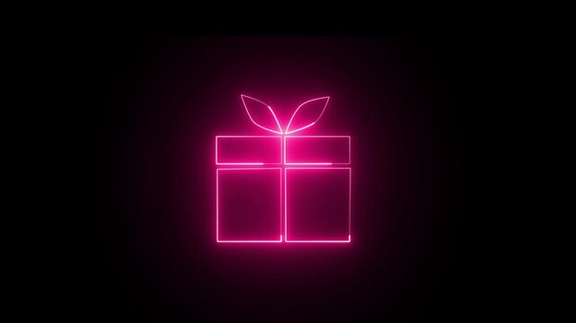 Glowing neon sign gift box icon on black background. Gift box line icon. Present or sale sing. Birthday shopping symbol. package in gift wrap. Holiday presents outline .