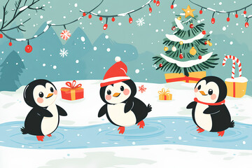 Cute baby animals sliding on frozen river illustration. have fun in winter. Little penguins having fun on the ice rink. Winter holiday background with festive Christmas tree